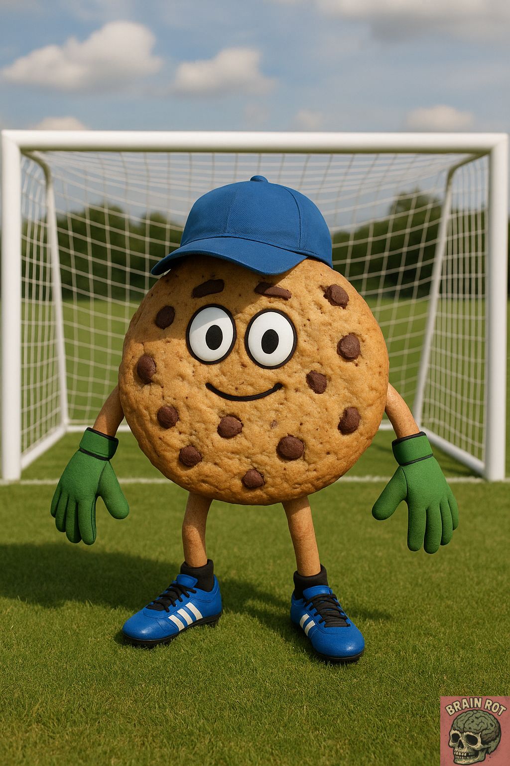 Ilustración realista de un personaje estilo brainrot: una galleta cookie antropomórfica como portero de fútbol, usada para explicar cómo crear meme brainrot con Chat GPT.